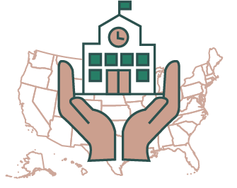 Icon of U.S. map with hands cradling a school.
