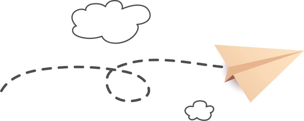 A paper airplane with dashed line path and clouds.