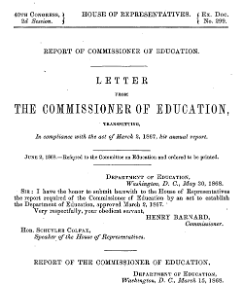 National archives scan of a March 1868 letter from the Education Commissioner to Congress in to accompany his annual statistical report.