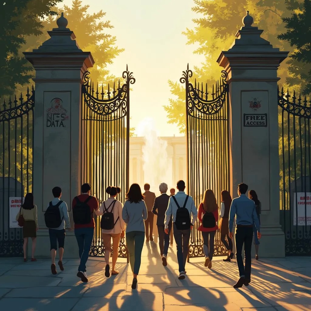 Diverse group of researchers walking through wide-open ornate gates marked 'Free Access,' with warm lighting and welcoming atmosphere, symbolizing open access to education data.
