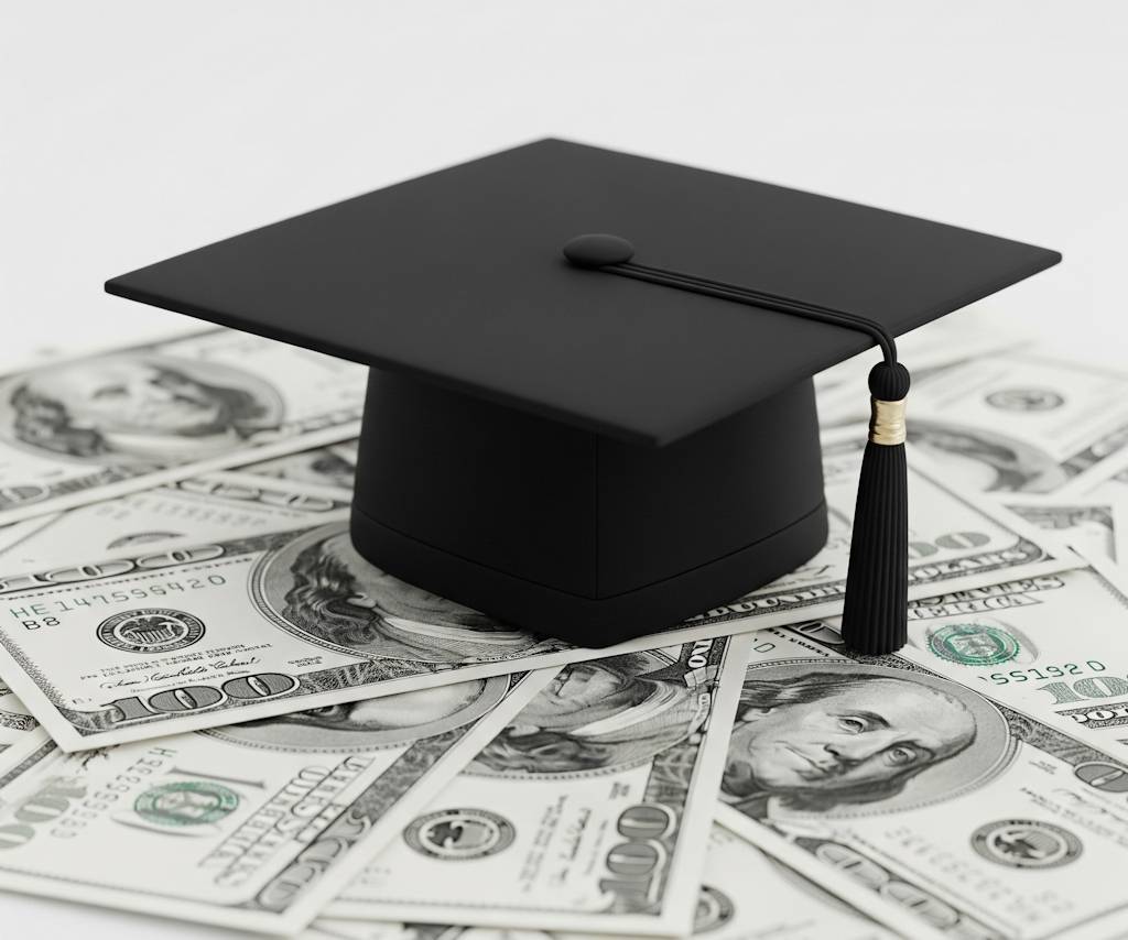 Graduation cap on top of dollar bills